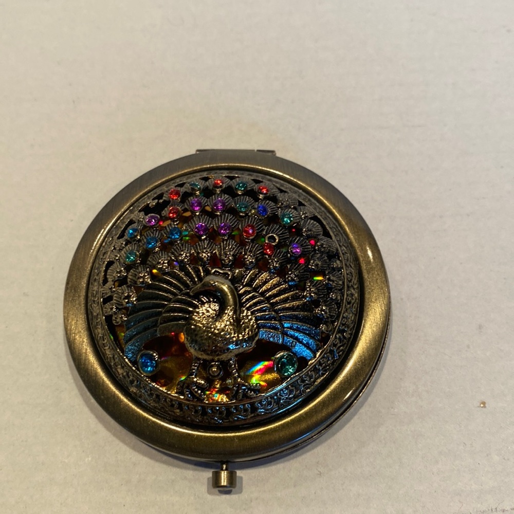 NWOT Brass Double Mirror Compact, Raised Jeweled Design with Peacock